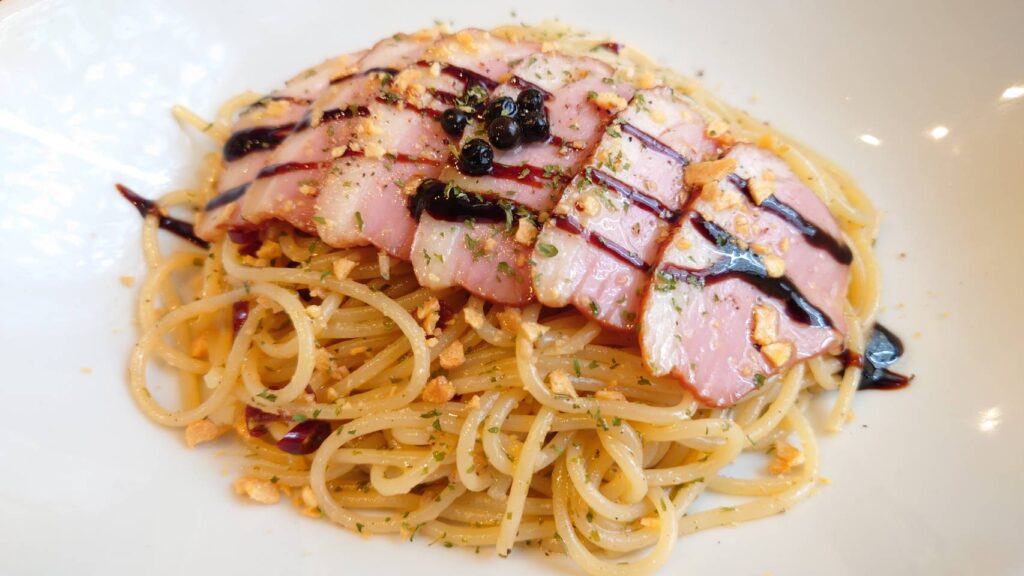 合鴨スモークのバルサミコ風味アーリオ・オーリオ